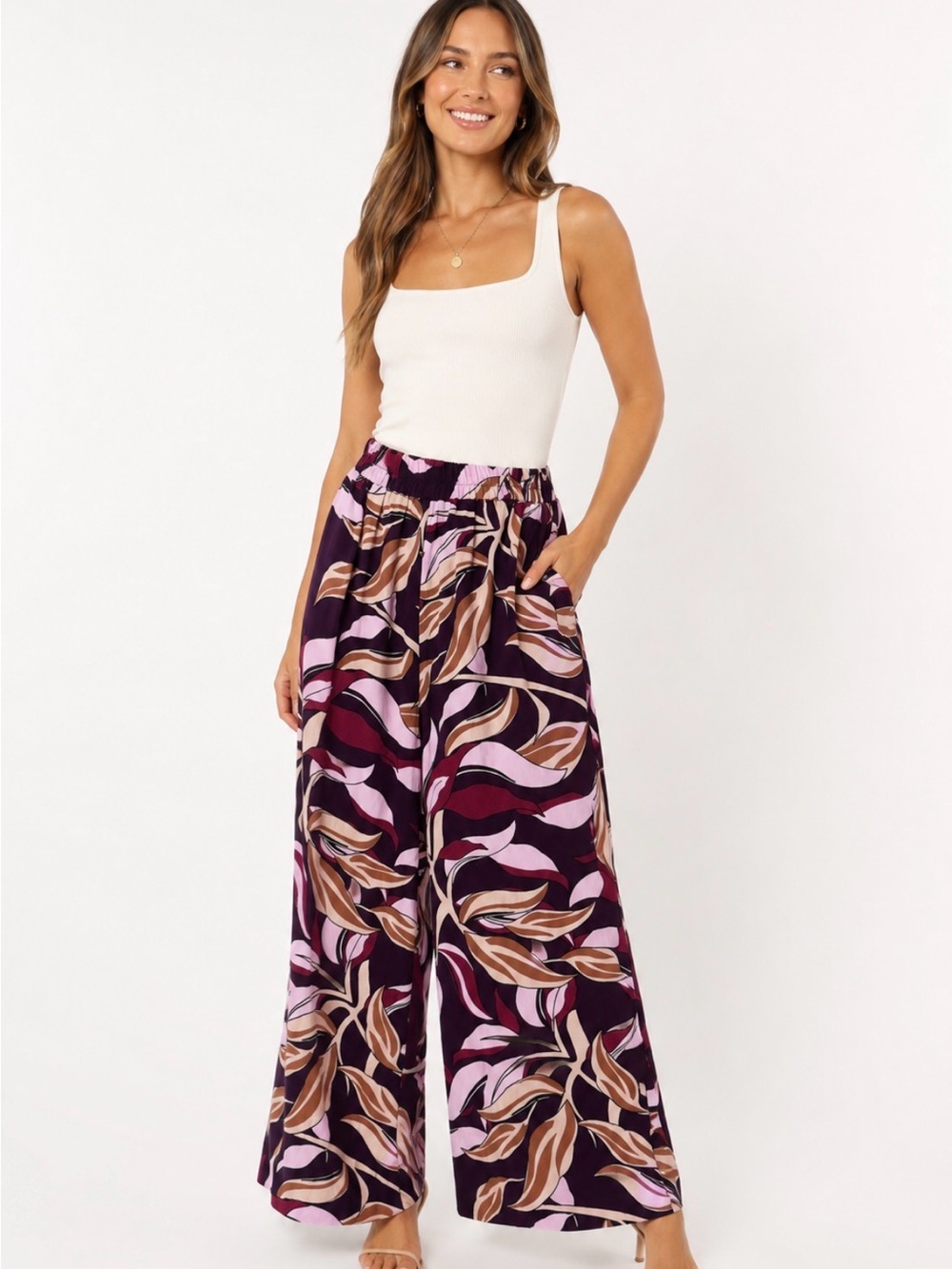 NWT Eliane Rose Floral Wide Leg Pull-On Pants Purple Pink M